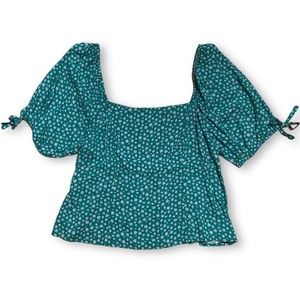 Green Floral Square-Neck Short Sleeve Crop Top with Tie Detail on Sleeves Sz S/M